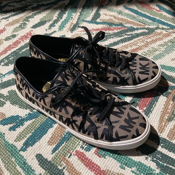 Michael Kors Boerum Lace Up Sneakers Black MK Logo Print - Picture 1 of 17